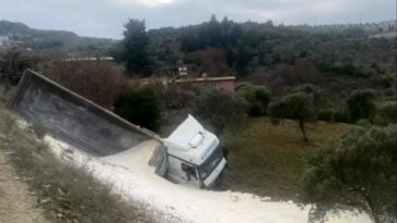 Hatay’da seyir halindeki hafriyat kamyonu kontrolü kaybederek zeytin bahçesine düştü.
